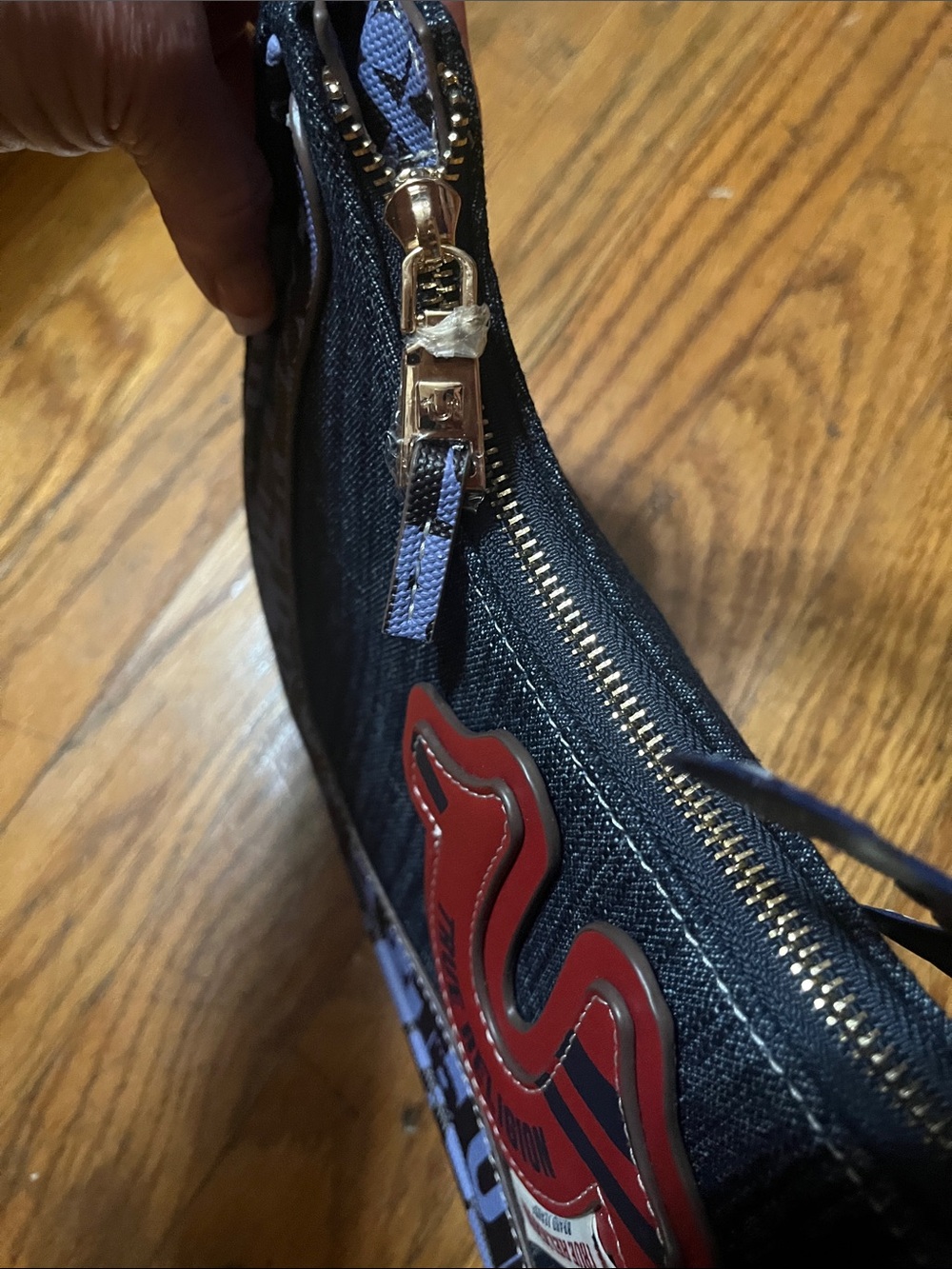 NWT True Religion Denim Shoulder Bag with Red Crest and Two Charms - Picture 7 of 14